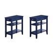 Pemberly Row Set of 2 Three-Tier End Tables With Drawer in Blue Wood