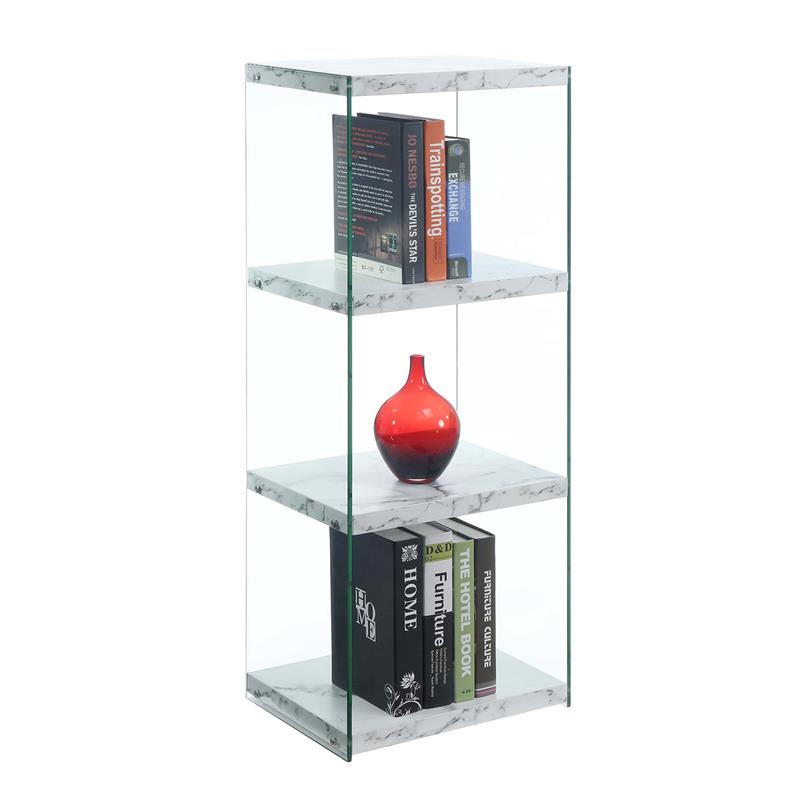 Pemberly Row Set of 2 4-Tier Tower Bookcases in White Fuax Marble & Clear Glass