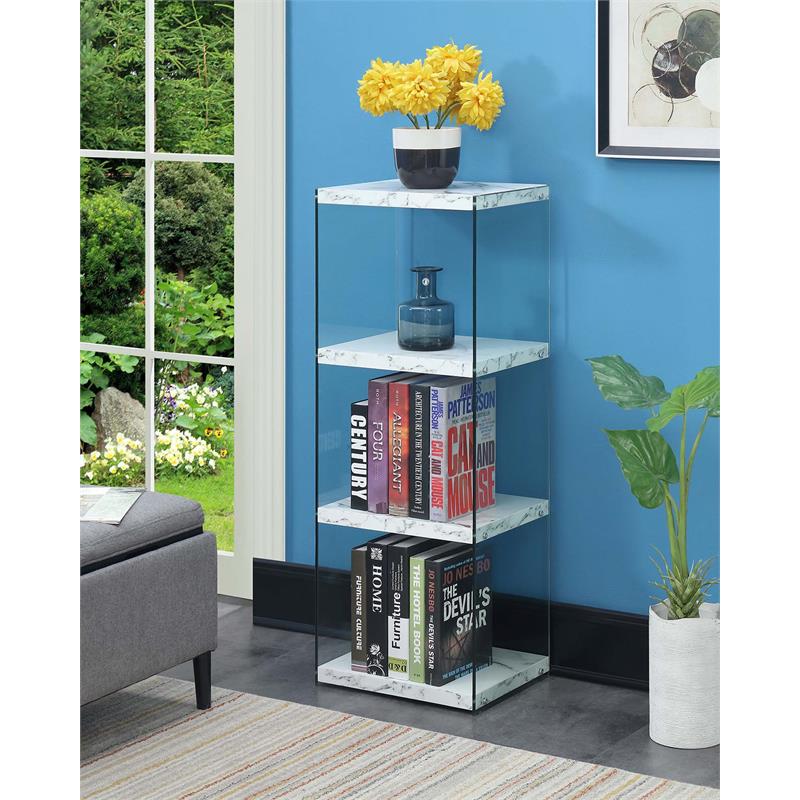 Pemberly Row Set of 2 4-Tier Tower Bookcases in White Fuax Marble & Clear Glass