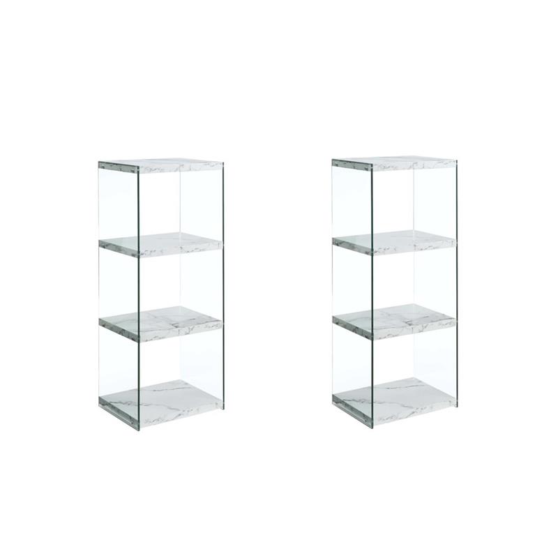Pemberly Row Set of 2 4-Tier Tower Bookcases in White Fuax Marble & Clear Glass