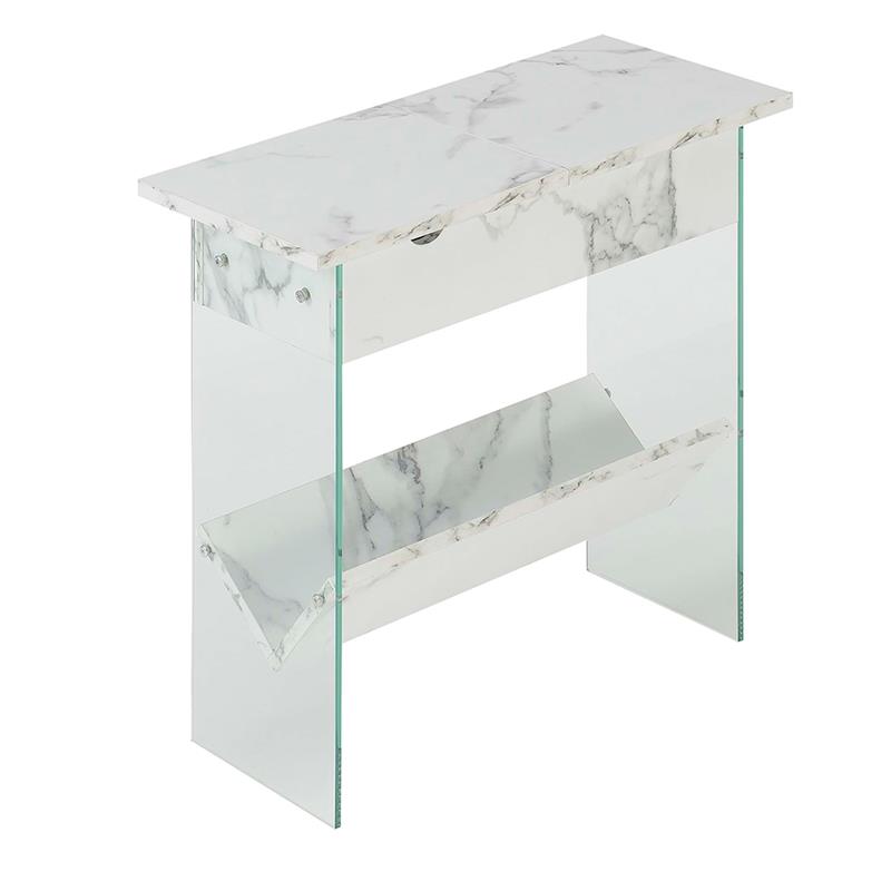 Pemberly Row Set of 2 Flip Top End Tables in White Faux Marble w/ Clear Glass
