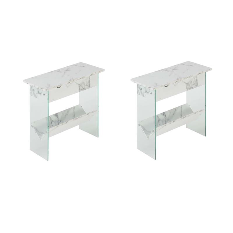 Pemberly Row Set of 2 Flip Top End Tables in White Faux Marble w/ Clear Glass