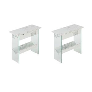 Pemberly Row Set of 2 Flip Top End Tables in White Faux Marble w/ Clear Glass