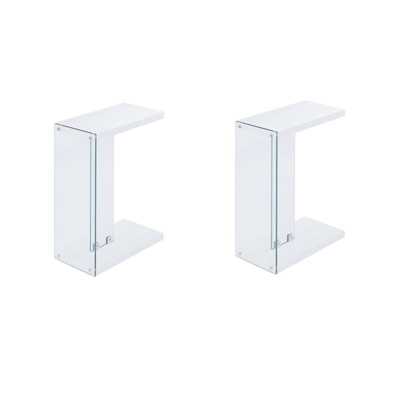Pemberly Row Set of 2 C End Tables in White Wood with Clear Glass