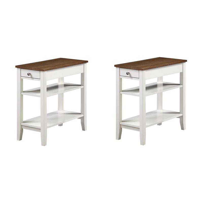 Pemberly Row Set of 2 Three Tier End Tables With Drawer in Brown Wood