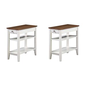 Pemberly Row Set of 2 Three Tier End Tables With Drawer in Brown Wood