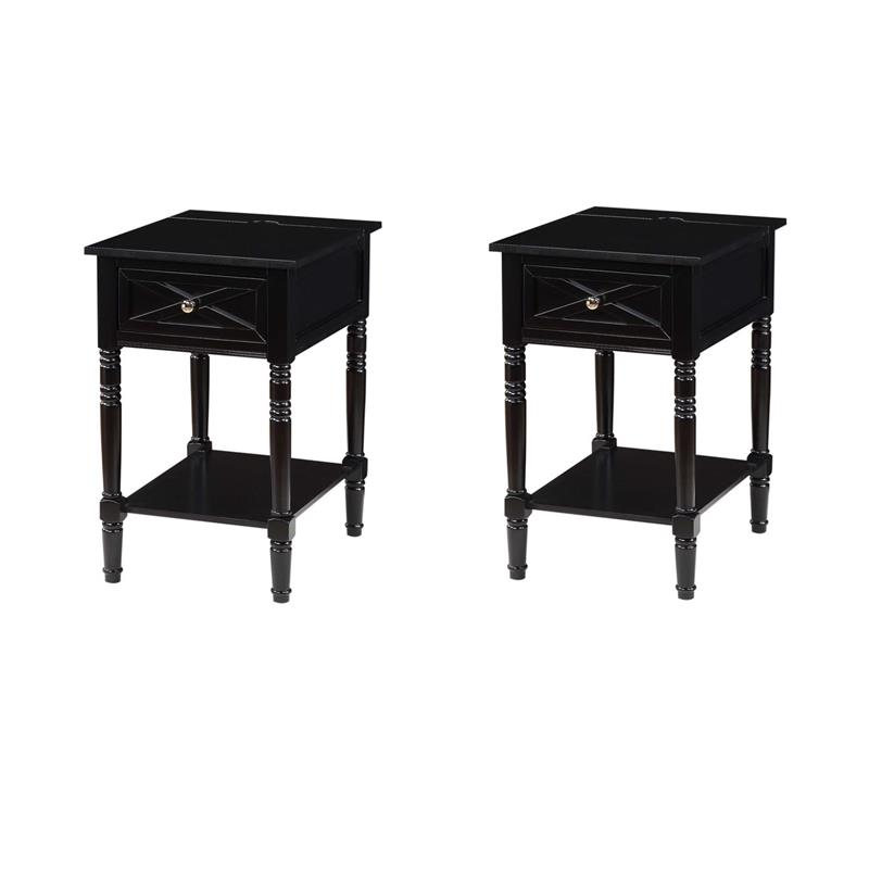 Pemberly Row Set of 2 Square End Tables with Charging Station in Black Wood
