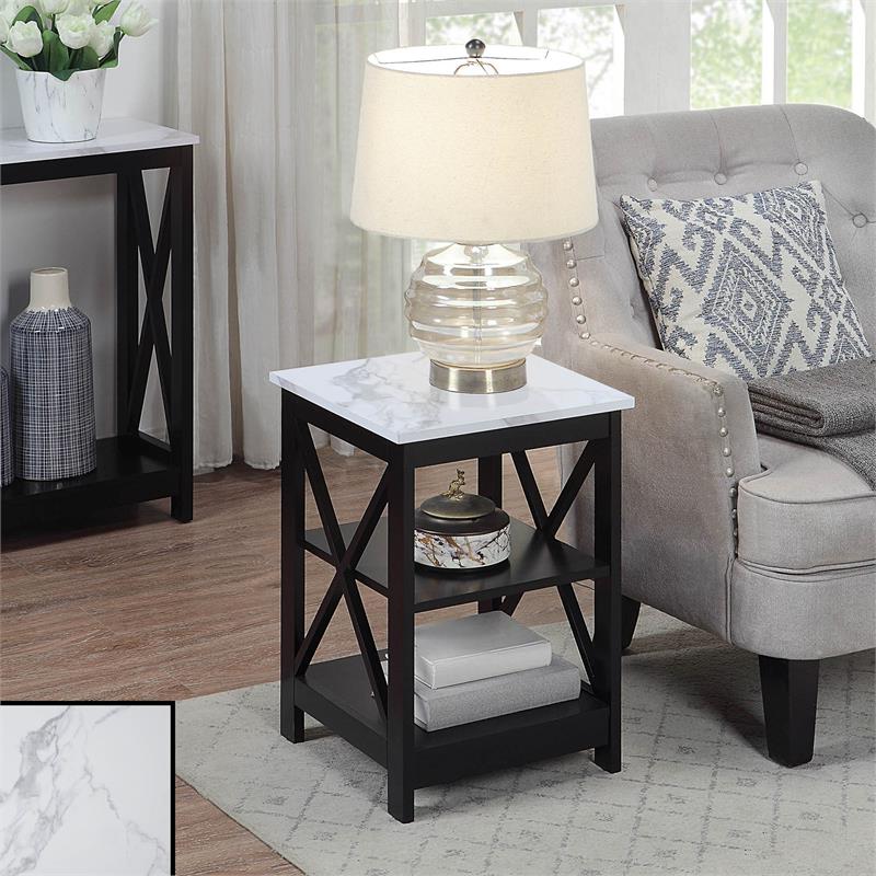 Pemberly Row Set of 2 End Tables with Shelves in White Faux Marble & Black Wood