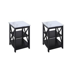 Pemberly Row Set of 2 End Tables with Shelves in White Faux Marble & Black Wood