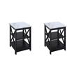 Pemberly Row Set of 2 End Tables with Shelves in White Faux Marble & Black Wood