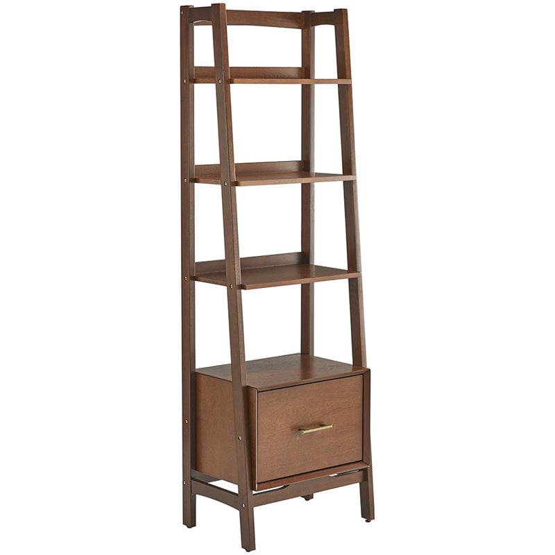Pemberly Row Set of 2 Wood 4-Shelf Narrow Etagere Bookcases in Mahogany