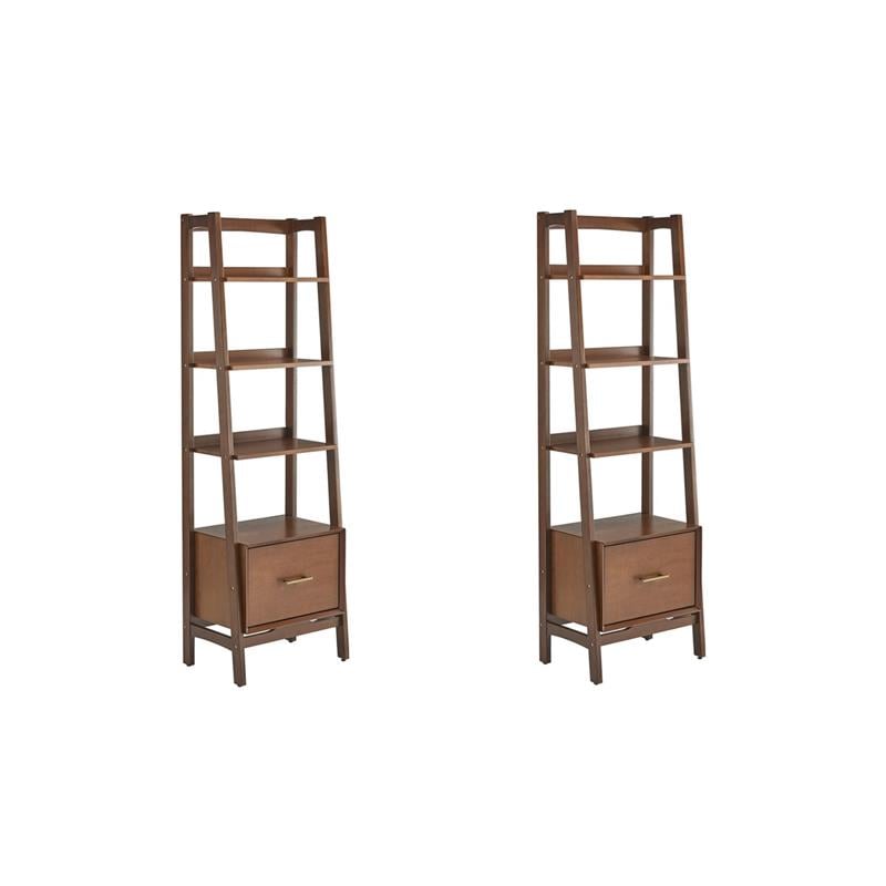Pemberly Row Set of 2 Wood 4-Shelf Narrow Etagere Bookcases in Mahogany