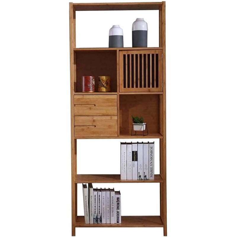 Pemberly Row Set of 2 Right Facing Bamboo Cabinet Bookcases in Natural