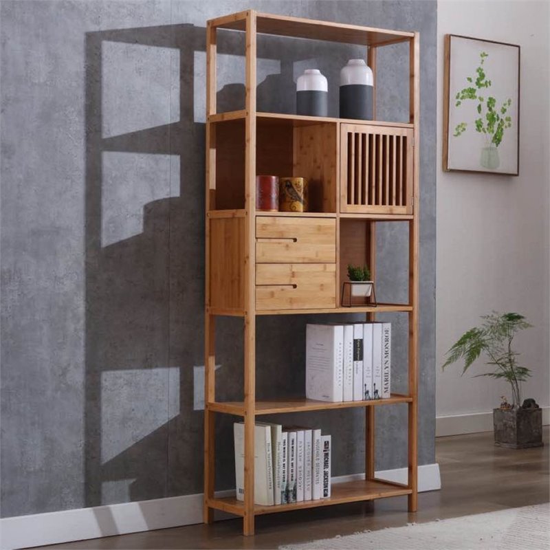 Pemberly Row Set of 2 Right Facing Bamboo Cabinet Bookcases in Natural