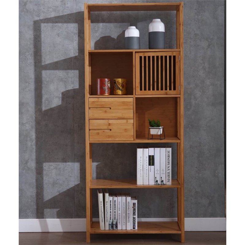 Pemberly Row Set of 2 Right Facing Bamboo Cabinet Bookcases in Natural
