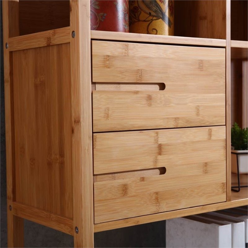 Pemberly Row Set of 2 Right Facing Bamboo Cabinet Bookcases in Natural