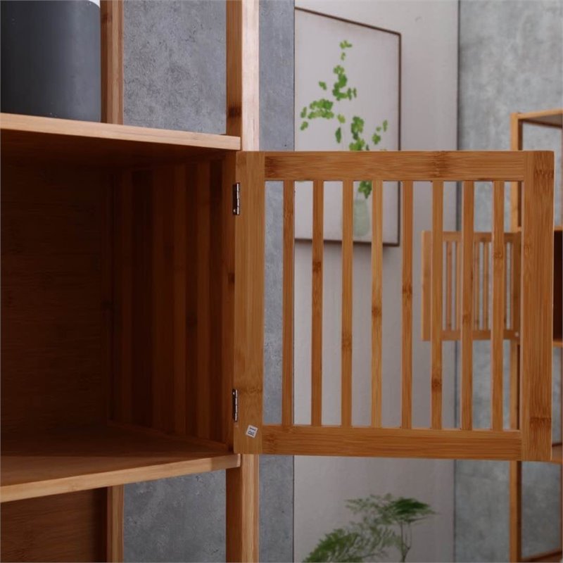 Pemberly Row Set of 2 Right Facing Bamboo Cabinet Bookcases in Natural