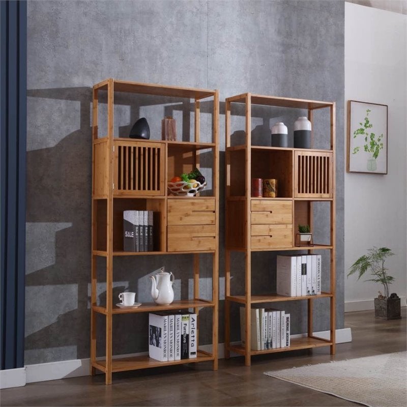 Pemberly Row Set of 2 Right Facing Bamboo Cabinet Bookcases in Natural