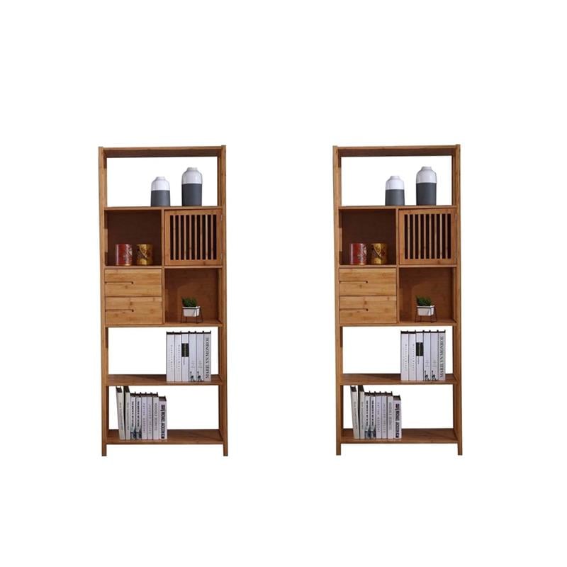 Pemberly Row Set of 2 Right Facing Bamboo Cabinet Bookcases in Natural