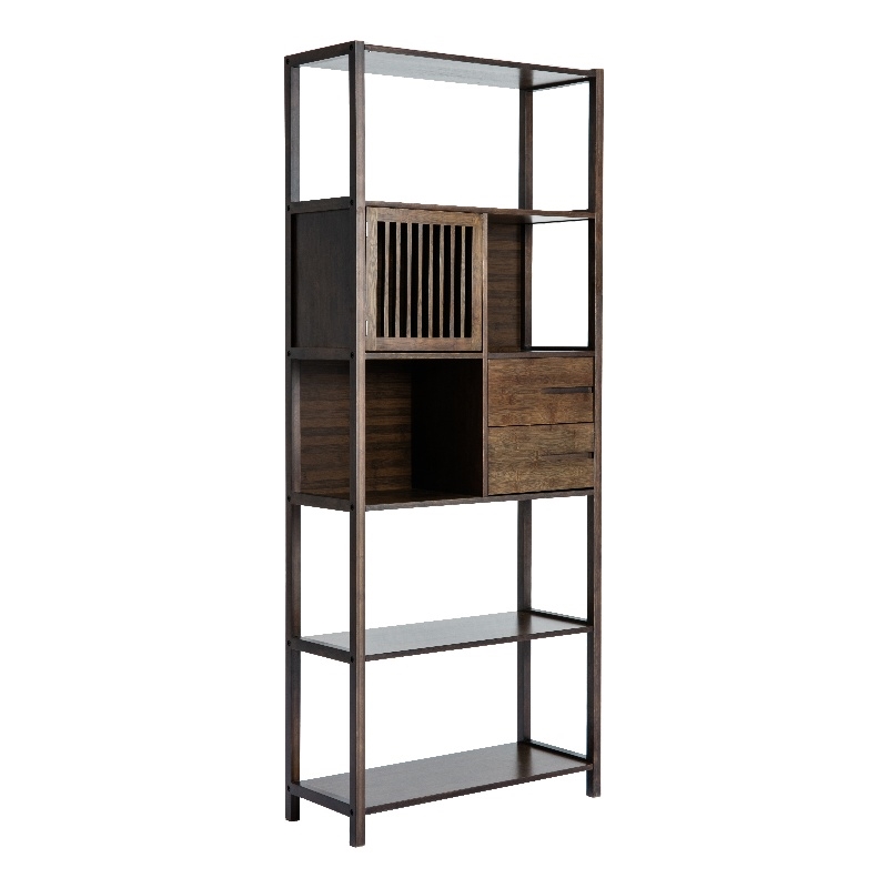 Pemberly Row Set of 2 Left Facing Bamboo Cabinet Bookcases in Cappuccino