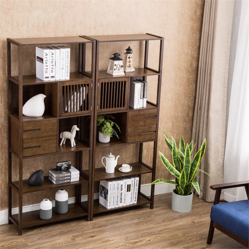 Pemberly Row Set of 2 Left Facing Bamboo Cabinet Bookcases in Cappuccino