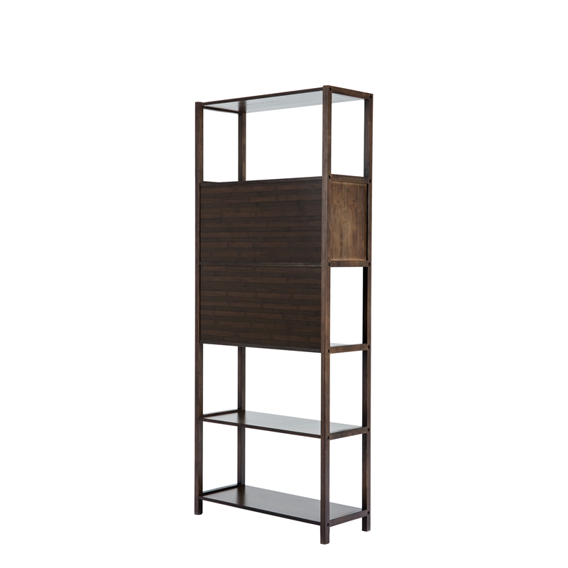 Pemberly Row Set of 2 Left Facing Bamboo Cabinet Bookcases in Cappuccino