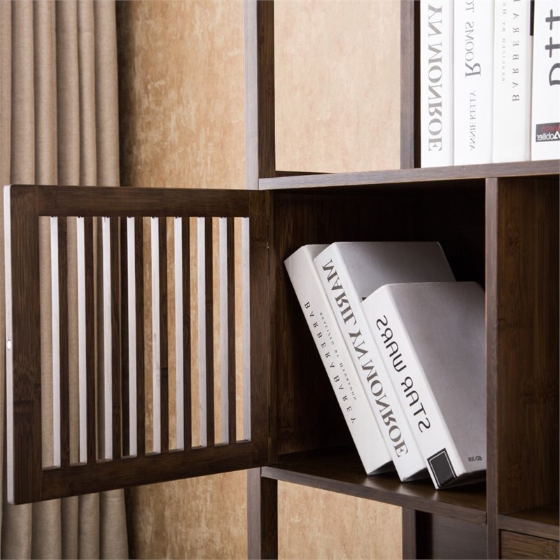 Pemberly Row Set of 2 Left Facing Bamboo Cabinet Bookcases in Cappuccino