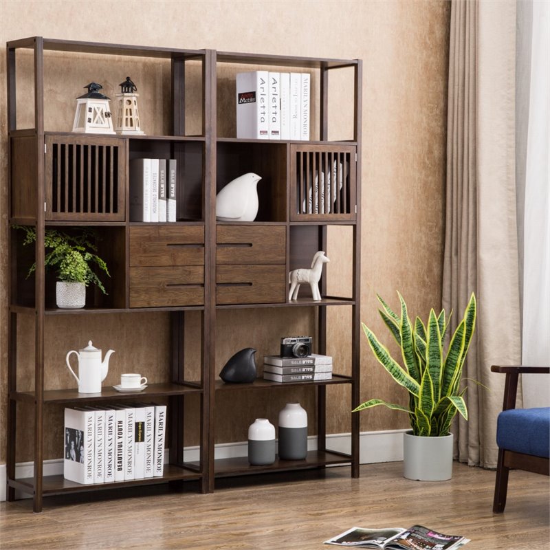 Pemberly Row Set of 2 Left Facing Bamboo Cabinet Bookcases in Cappuccino