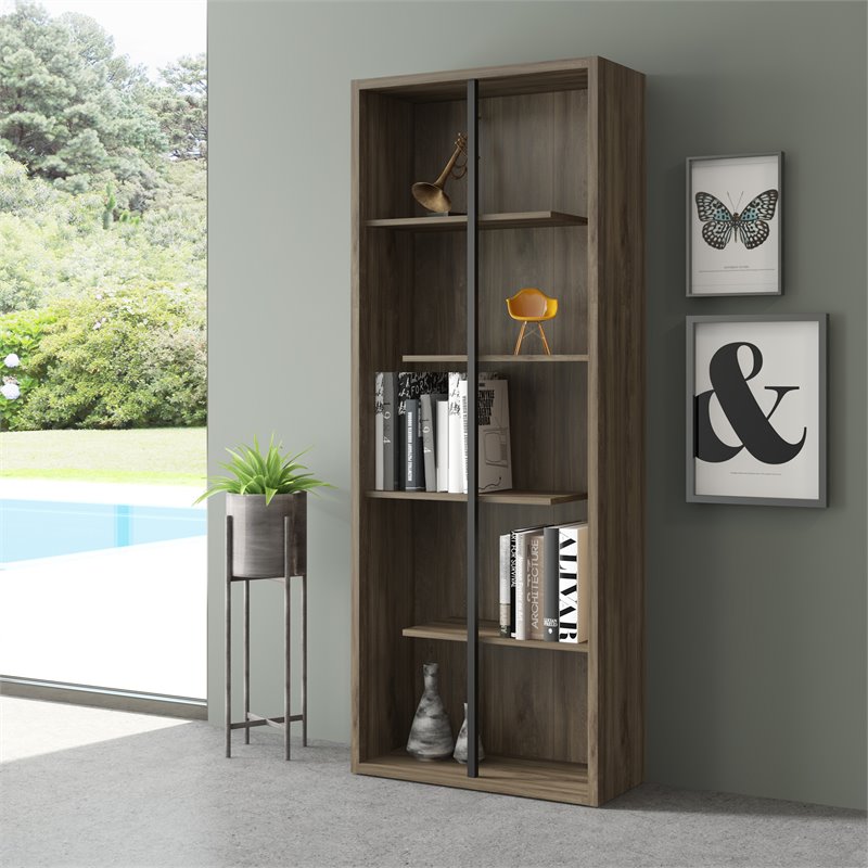 Pemberly Row Set of 2 5-Shelf Modern Wood Bookcases in Walnut