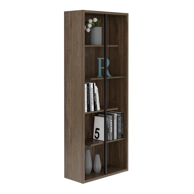 Pemberly Row Set of 2 5-Shelf Modern Wood Bookcases in Walnut