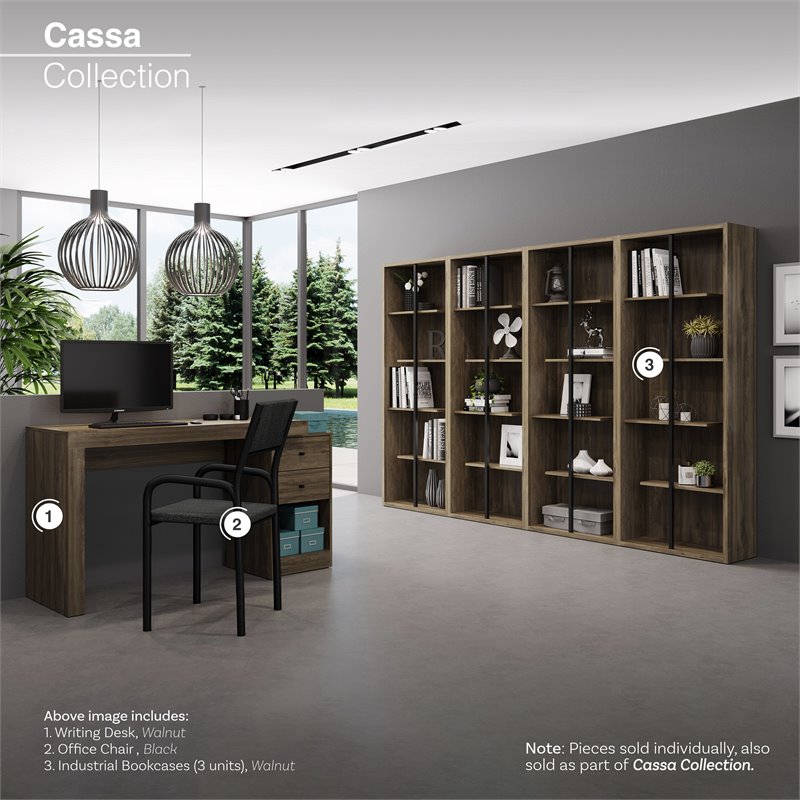 Pemberly Row Set of 2 5-Shelf Modern Wood Bookcases in Walnut