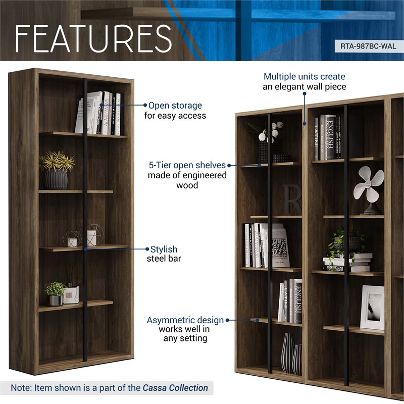 Pemberly Row Set of 2 5-Shelf Modern Wood Bookcases in Walnut