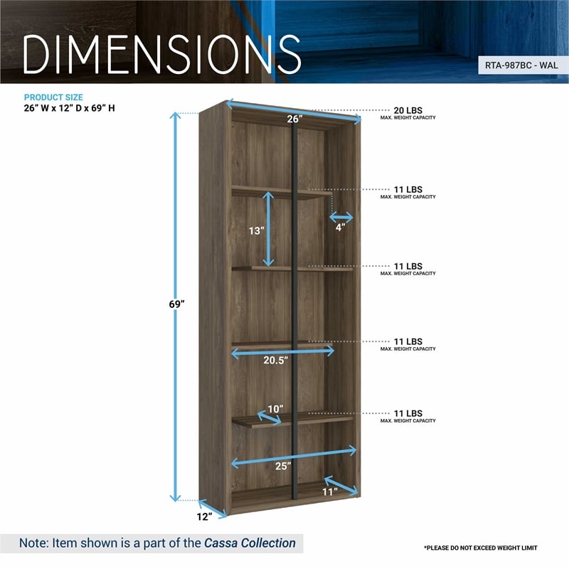 Pemberly Row Set of 2 5-Shelf Modern Wood Bookcases in Walnut