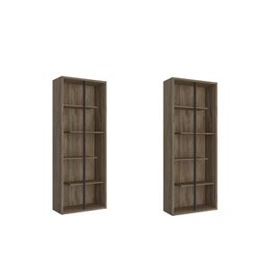 Pemberly Row Set of 2 5-Shelf Modern Wood Bookcases in Walnut