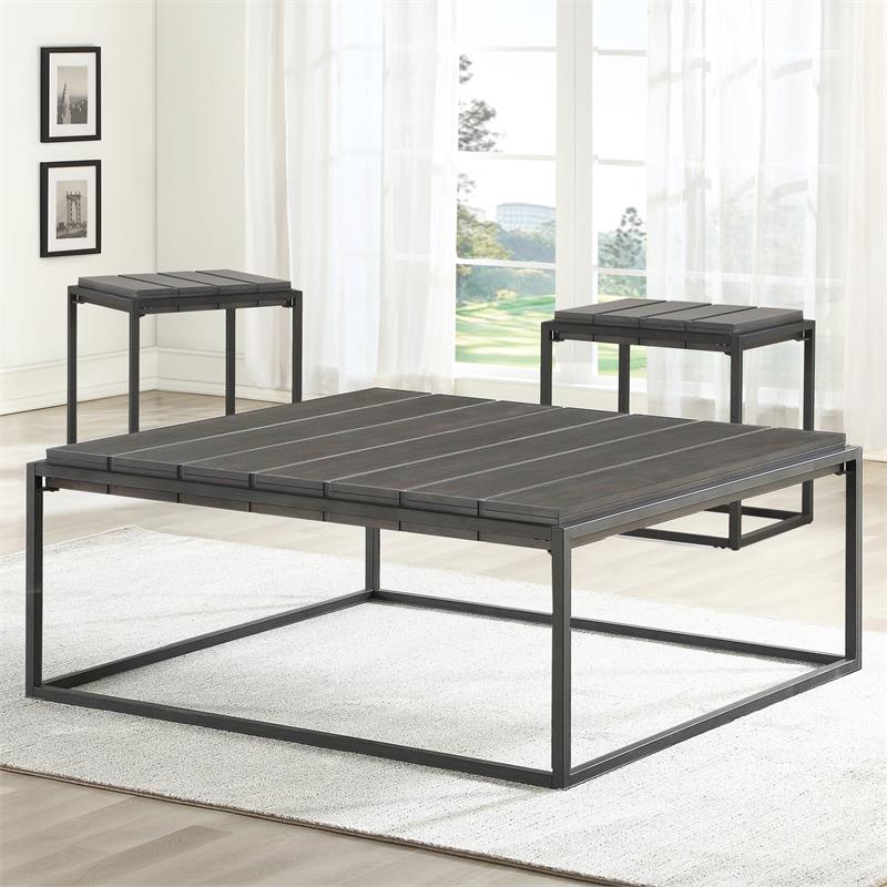 Pemberly Row Set of 2 Walnut with Dark Gray Metal Base Mixed Media End Tables