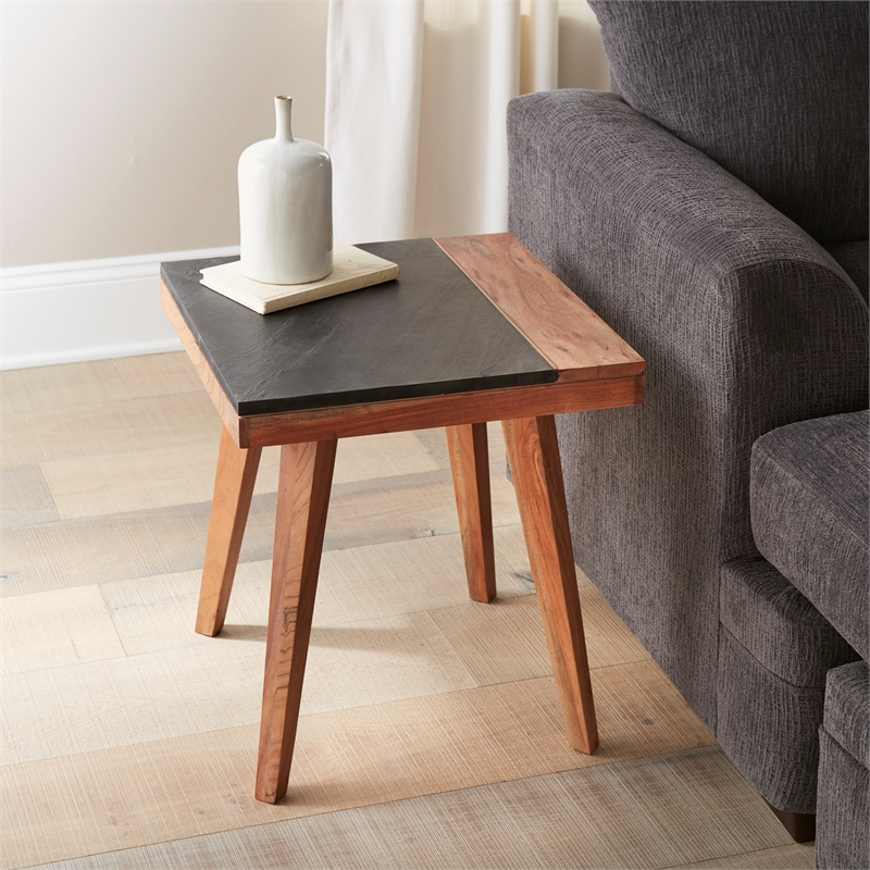 Pemberly Row Set of 2 Caspian Slate and Natural Matte Brown Square End Tables
