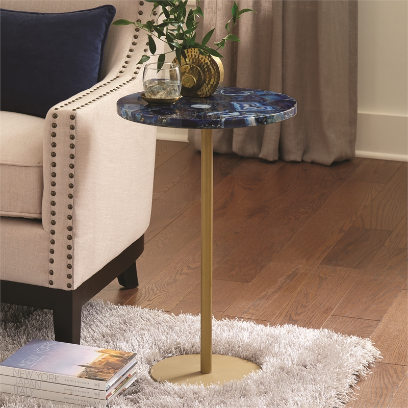 Pemberly Row Set of 2 Round Blue Agate Top Metal Chairside End Tables