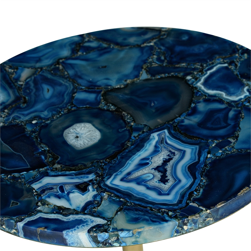 Pemberly Row Set of 2 Round Blue Agate Top Metal Chairside End Tables