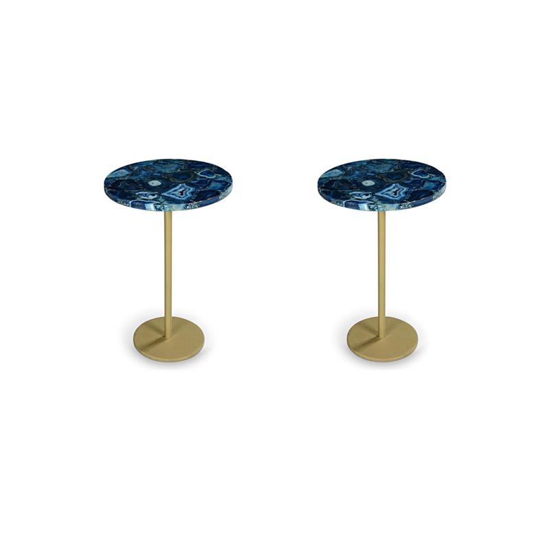 Pemberly Row Set of 2 Round Blue Agate Top Metal Chairside End Tables