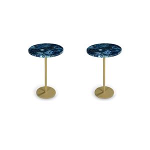 Pemberly Row Set of 2 Round Blue Agate Top Metal Chairside End Tables
