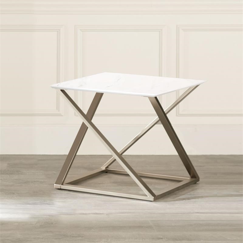 Pemberly Row Set of 2 Square White Faux Marble Mixed Media End Tables