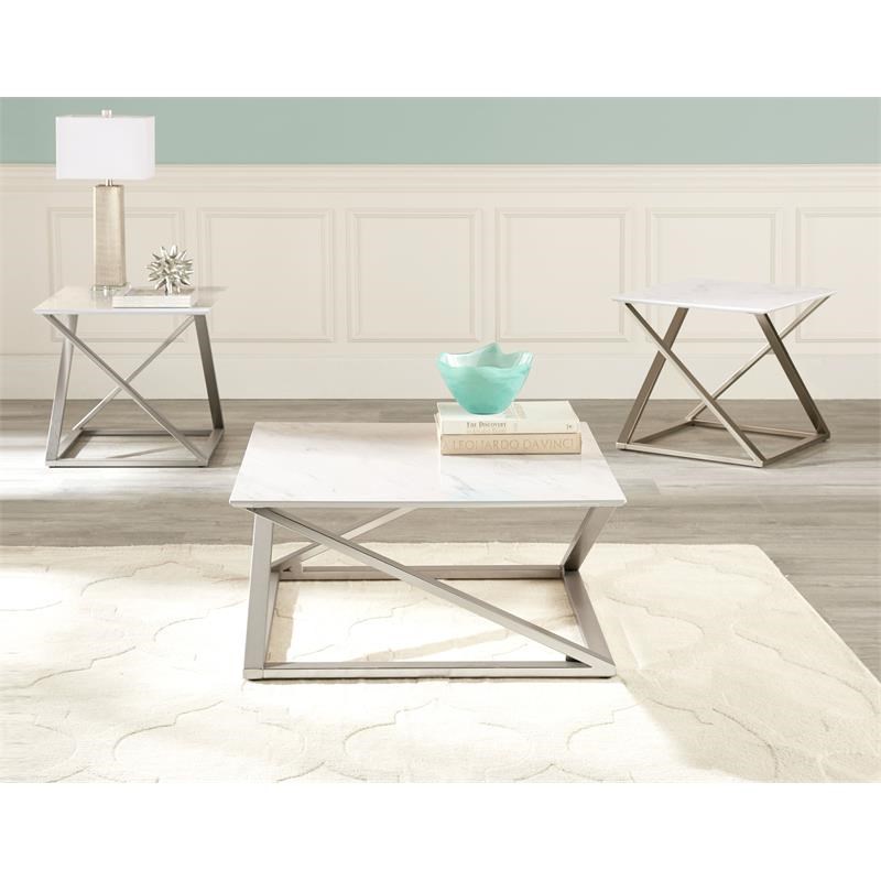 Pemberly Row Set of 2 Square White Faux Marble Mixed Media End Tables