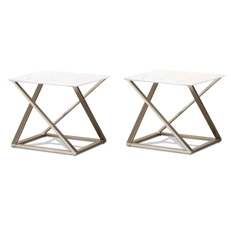 Pemberly Row Set of 2 Square White Faux Marble Mixed Media End Tables