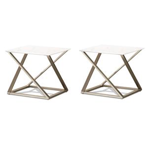 Pemberly Row Set of 2 Square White Faux Marble Mixed Media End Tables