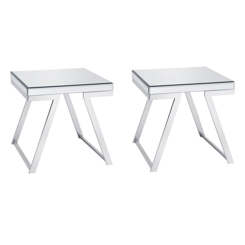 Pemberly Row Set of 2 Mirrored Glass and Chrome Metal Square End Tables