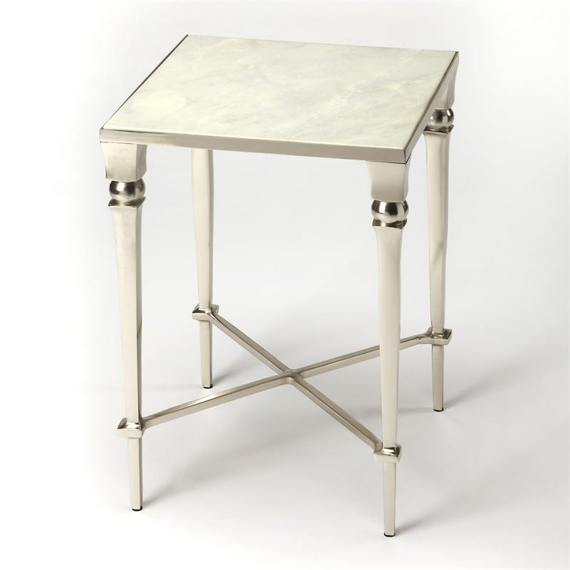 Pemberly Row Set of 2 Contemporary Marble End Tables in Silver