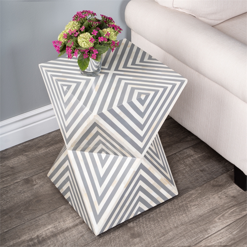 Pemberly Row Set of 2 Contemporary White And Grey Bone Inlay End Tables