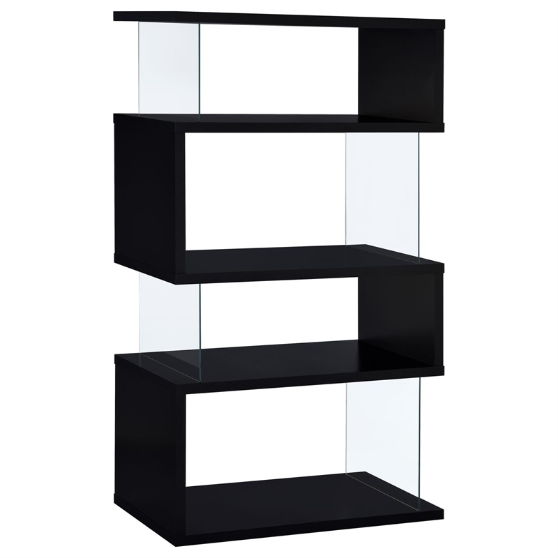 Pemberly Row Set of 2 4-Shelf Asymmecal Snaking Wood Bookcases in Black