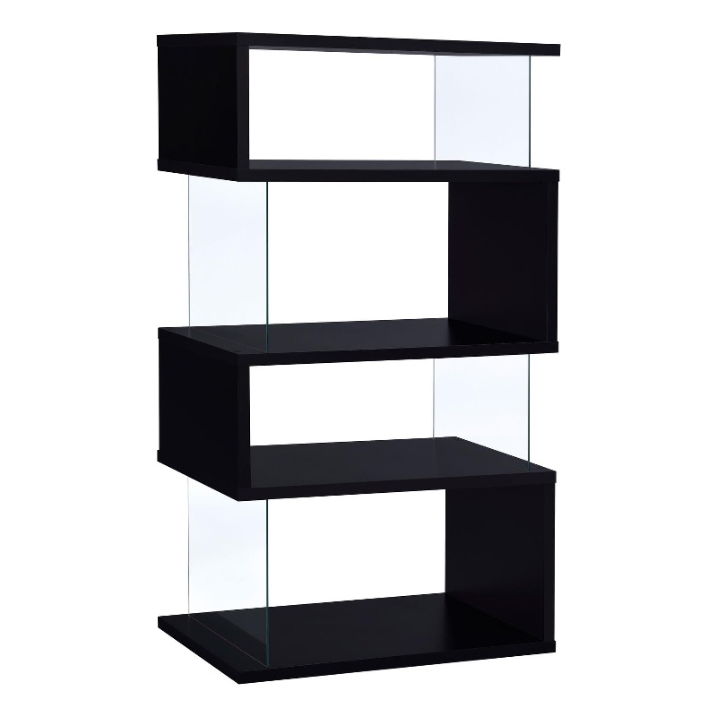 Pemberly Row Set of 2 4-Shelf Asymmecal Snaking Wood Bookcases in Black