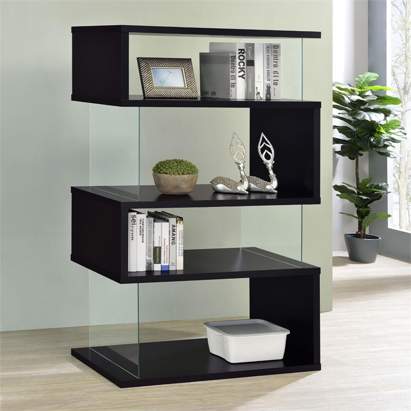 Pemberly Row Set of 2 4-Shelf Asymmecal Snaking Wood Bookcases in Black